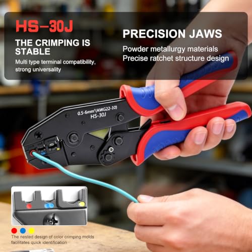 smseace Wire Crimping Tool for Insulated Electrical Connectors 22-10AWG Professional Ratcheting Terminal Crimper - color: Red&blue