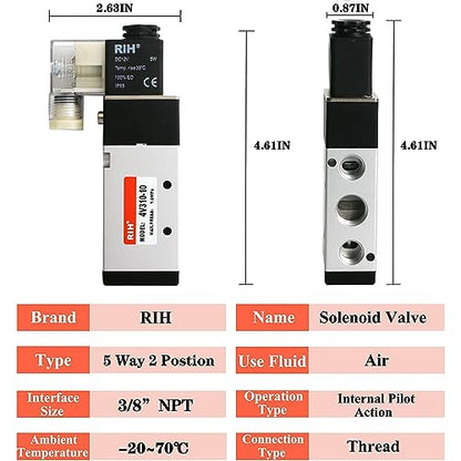RIH Pneumatics Solenoid Valve 4V310-10 12V/24V/110V Series Single Coil Pilot-Operated Electric 2 Position 5 Way Connection Type (DC12V/Junction Box, 3/8"NPT) - size: DC12V/Junction Box, style: 3/8"NPT