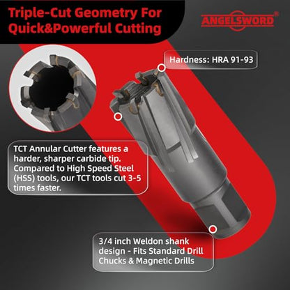 ANGELSWORD TCT Annular Cutter Diameter 1", Cutting Depth 2" Tungsten Carbide Tipped, Mag Drill Bits Kit for Magnetic Drill Press, with One 5/16"*4" Pilot Pin - size: J. 26mm(1"+0.02"), style: TCT 2" Cut Depth