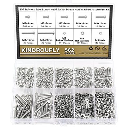 562 Pieces M3 x 4/6 /8/10 /12/16 /20mm Button Head Socket Cap Screws Nuts Washers Assortment Kit, 304 Stainless Steel, Fully Machine Thread - size: M3, style: Button Head