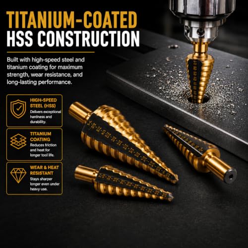 XtremepowerUS 5-Piece HSS Titanium Step Drill Bit Set, 50 Hole Sizes Multi-Size Unibit Drill Bits for Sheet Metal, Wood, Plastic & DIY Projects with Storage Case - size: 5 Pieces Set