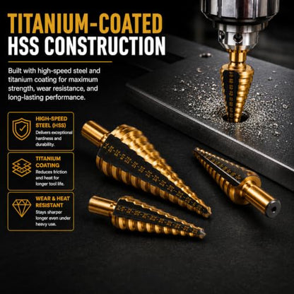 XtremepowerUS 5-Piece HSS Titanium Step Drill Bit Set, 50 Hole Sizes Multi-Size Unibit Drill Bits for Sheet Metal, Wood, Plastic & DIY Projects with Storage Case - size: 5 Pieces Set