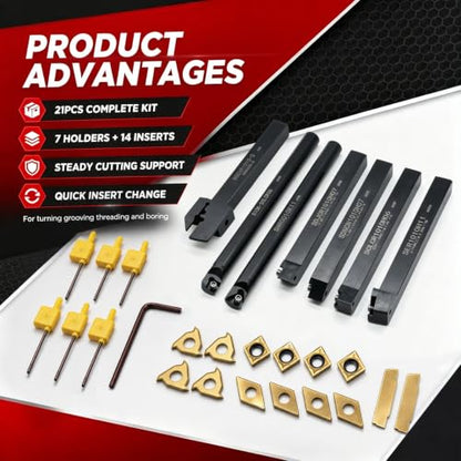 Nakkaa 21Pcs Indexable Lathe Turning Tool Kit 3/8" Shank for Boring Turning - size: 7pcs 3/8'' 10mm Shanks+14pcs Inserts