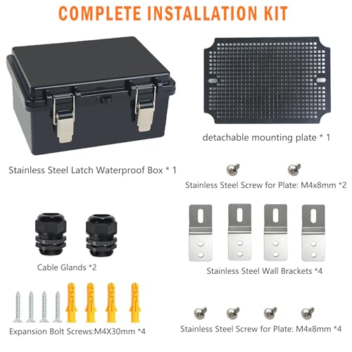 Electrical Junction Box, IP67 Waterproof Outdoor Box ABS Plastic Enclosure with Stainless Steel Latches & Brackets, Hinge Black Cover Project Box with Mounting Plate 7.1"x5.1"x3.5" - color: Black, size: 7.1"x5.1"x3.5"