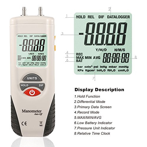 Digital Manometer, Dual Port Air Pressure Meter Pressure Gauge HVAC Gas Tester, Large LCD Display with Backlight, Basic - style: Basic