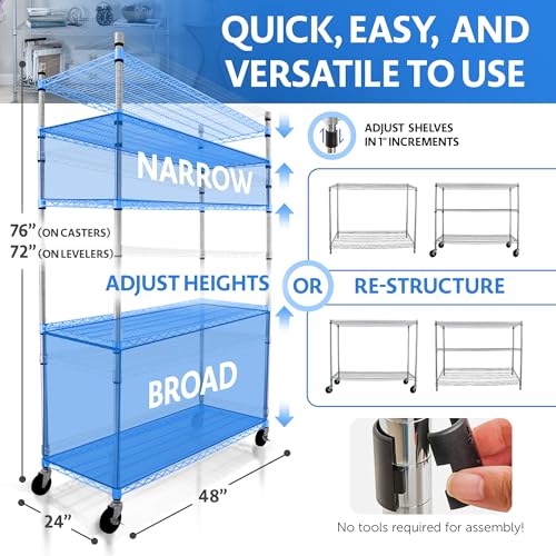 4000 LBS Heavy Duty Wire Rack, 48 x 24 x 76, 5-Tier NSF Commercial Rolling Rack with 4" Industrial Casters, Chrome Metal Wire Shelving for Garage, Kitchen, Adjustable Storage Shelf, Crescent