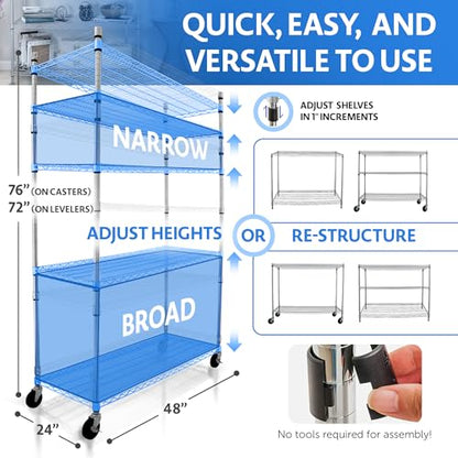 4000 LBS Heavy Duty Wire Rack, 48 x 24 x 76, 5-Tier NSF Commercial Rolling Rack with 4" Industrial Casters, Chrome Metal Wire Shelving for Garage, Kitchen, Adjustable Storage Shelf, Crescent