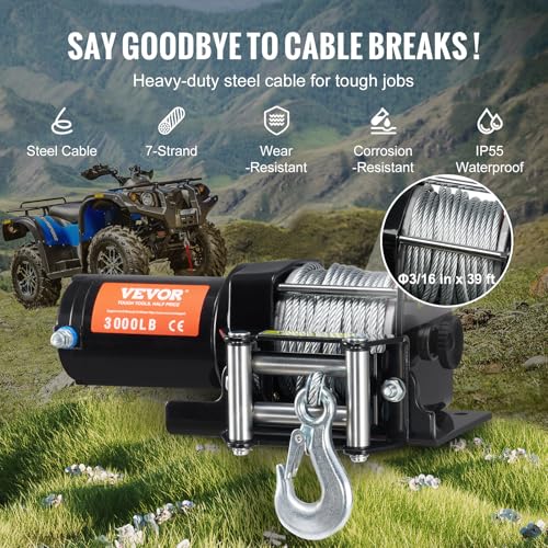 VEVOR ATV Winch, 3000 lb Electric Winch, 12V Small ATV UTV Winch with 3/16 in x 39 ft Steel Cable Roller Fairlead Wired Remote Control, IP55 Waterproof for Towing UTV ATV Car Vehicle Off-Road - size: 3000 LBS