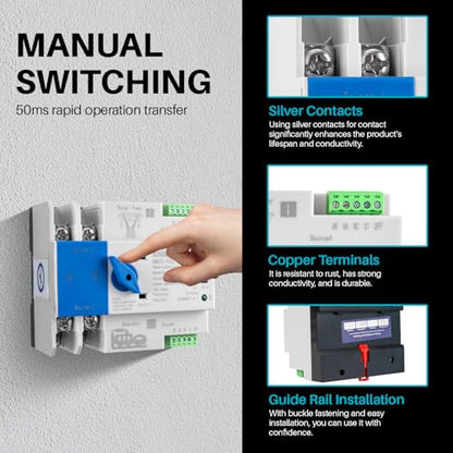 ATS Automatic Transfer Switch 2P AC110V 100A 50/60Hz ATS Dual Power Switch Electrical Selector Switches for Home Generator DIN Rail Mount (2P 100A)