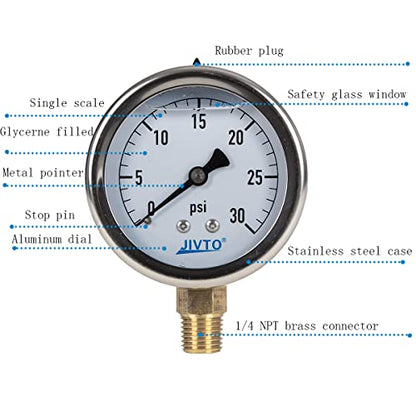 Pressure Gauge,Glycerin Liquid Filled,2.5" Dia,0-30 psi(Single Scale),1/4" NPT Brass Connection,Lower Mount, Stainless Steel Case,for Pneumatic,Pump,Hose,Well Tank,Gas Air Water Oil - size: 0-30 psi, style: lower mount(single scale )