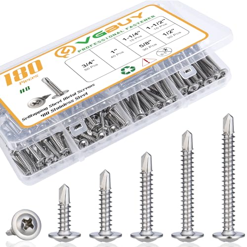 VGBUY 180Pcs #8 Self Tapping Screws Assortment Kit, 410 Stainless Steel Self Drilling Screws for Metal, 6 Sizes (1/2", 5/8", 3/4", 1", 1-1/4", 1-1/2") Modified Truss Head Sheet Metal Screw - color: Silver