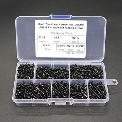 500pcs M3/3MM Diameter Phillips Pan Head Screws Self Tapping Drilling Screws Assortment Kit Carbon Steel 6mm 8mm 10mm 12mm 16mm 18mm 20mm Length