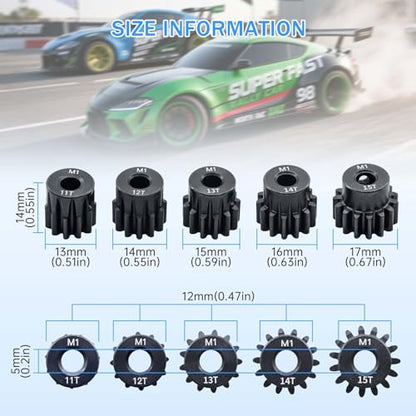 Metal Steel M1 Pinion Gear Sets 11T 12T 13T 14T 15T for 5mm Shaft Motor Gears with Hex Key for 1/8 RC Car Brushless Brush Motor Parts - size: 11T 12T 13T 14T 15T