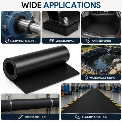 118"x40"x1/8" Solid Rubber Sheet, Black Neoprene Rubber Roll