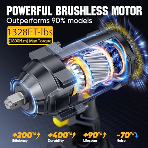1328Ft-lbs 1/2" Cordless Impact Wrench, 1800N.m Brushless High Torque Impact Gun with 2x4.0Ah Batteries, 4-Speed Battery Powered Impact Wrench, Pistola de Impacto for Car Truck RV Mechanics Repair