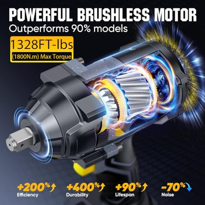 1328Ft-lbs 1/2" Cordless Impact Wrench, 1800N.m Brushless High Torque Impact Gun with 2x4.0Ah Batteries, 4-Speed Battery Powered Impact Wrench, Pistola de Impacto for Car Truck RV Mechanics Repair