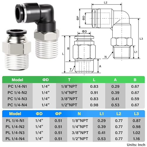 TAILONZ 1/4" x 3/8" NPT Push to Connect Straight & Elbow Fitting Kit 12Pcs - size: 1/4"OD x 3/8"NPT