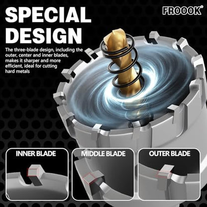 Metal Hole Saw 1-1/2" (38mm) 3Pcs Set Heavy Duty Tungsten Carbide Tipped Hole Cutters Set with L-flench, for Steel Iron,Aluminum,Stainless stell,Plastic - size: 1-1/2"(38mm)
