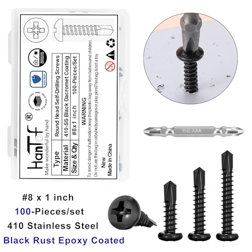 100Pcs Black High-Strength Quick Self Tapping Screws for Metal, 410 Stainless Steel, #8 x 1 Phillips Drive Pan Head Self Drilling Deck Screws, Sheet Metal Screws with 1 Pc Bits for Free - size: 100pcs #8 x 1", style: Pan Head