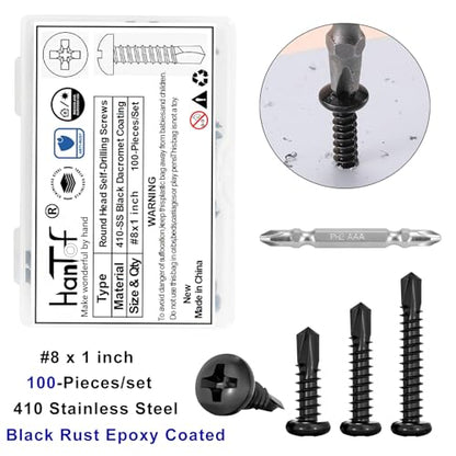 100Pcs Black High-Strength Quick Self Tapping Screws for Metal, 410 Stainless Steel, #8 x 1 Phillips Drive Pan Head Self Drilling Deck Screws, Sheet Metal Screws with 1 Pc Bits for Free - size: 100pcs #8 x 1", style: Pan Head