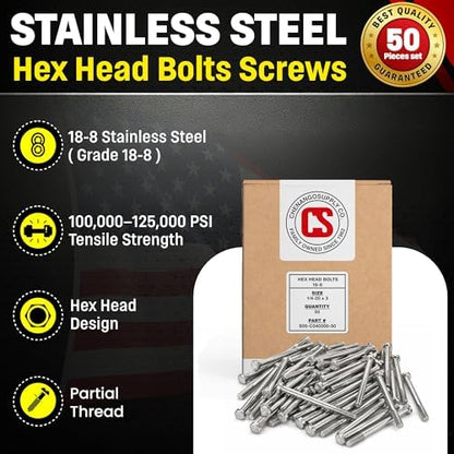 Chenango Supply 1/4-20 x 3 Stainless Hex Head Bolts - size: 1/4-20x3"(50pcs)