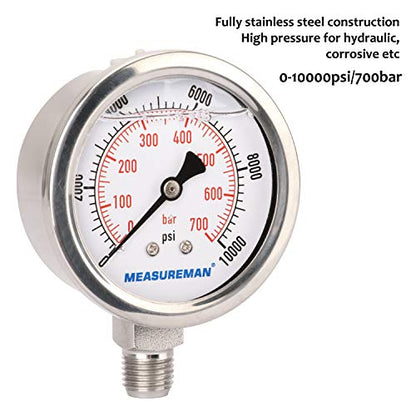 MEASUREMAN 2-1/2" dial,Glycerin Filled Hydraulics Pressure Gauge Stainless Steel case, 316 SS Wetted Part, 0-10000psi/bar1/4 NPT,Lower Mount - size: 0-10000 psi, style: Lower Mount(100% Stainless Steel)