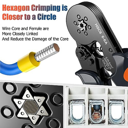 Preciva Ferrule Crimping Tool Kit with 1900PCS Wire Connectors, Hexagonal AWG23-10 Sawtooth Self-Adjustable Ratchet Wire Terminals Crimper Kit