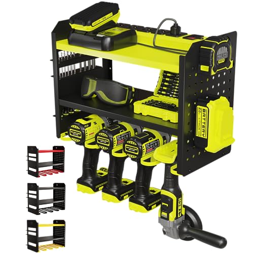 BUILTSTRONG Power Tool Organizer Wall Mount – 3-Tier Heavy-Duty Steel Rack, 4 Drill Slots, Pegboard + Utility Side, 100 lb Capacity – Garage, Workshop & Shed Storage (Green) - color: Green, size: 4 Drill Holder