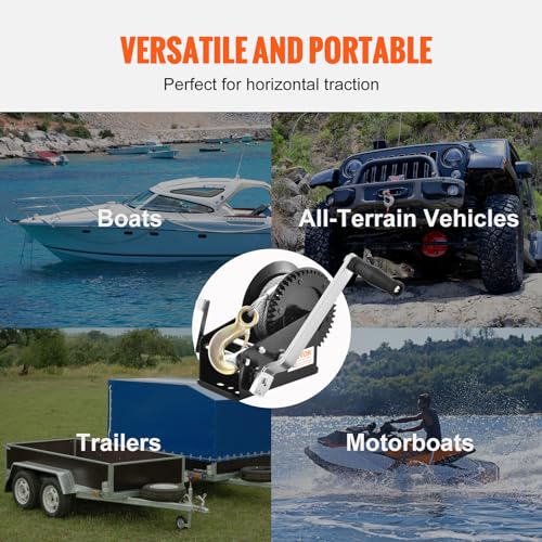 VEVOR Hand Winch, 3500 lbs Pulling Capacity, Boat Trailer Winch Heavy Duty Rope Crank with 33 ft Steel Wire Cable and Two-Way Ratchet, Manual Operated Hand Crank Winch for Trailer, Boat or ATV Towing - style: 3500lbs