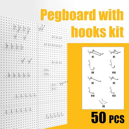 Spampur Peg Board, 8 Pack Metal Pegboard Panels with 50 Hooks - color: White, size: 16x12"- 8 Pcs