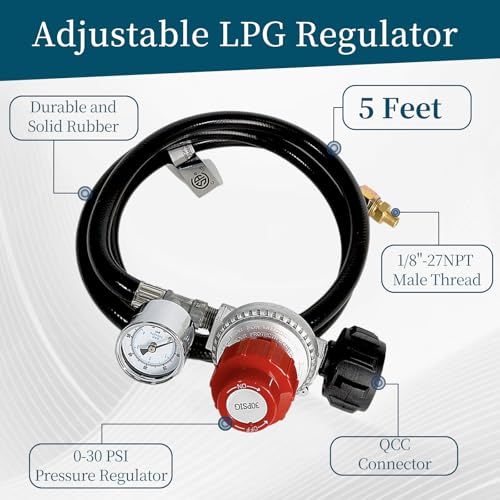 5FT High Pressure Propane Regulator with Gauge - 0-30PSI Adjustable Output - Heavy Duty PVC Hose - for Turkey Fryers, Burners, Smokers & Outdoor Cooking - CSA Certified - size: 5FT Black Hose