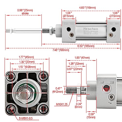 Heschen Tie-Rod Pneumatic Air Cylinder, SC 32-25, 32mm Bore, 25mm Stroke, PT 1/8 Port, Double Acting, Adjustable Cushion, Self-Lubricating Actuator for Industrial & Woodworking - size: 25mm Stroke