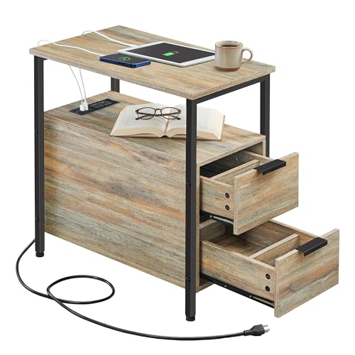 VASAGLE Side End Table with Charging Station, Slim Nightstand with Storage - color: Turquoise Brown + Ink Black, size: 23.6"D x 11.8"W