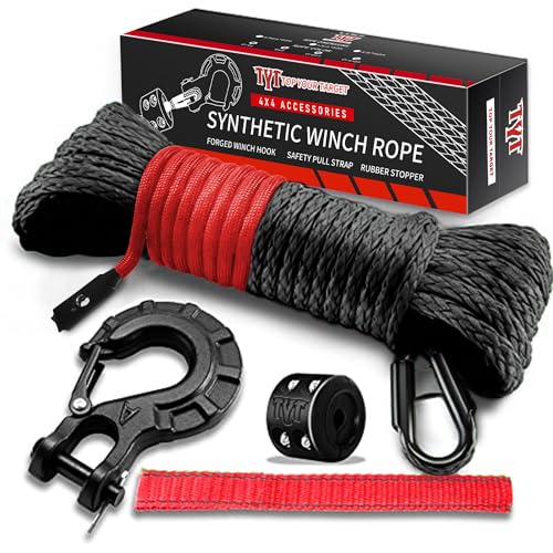 TYT Off-Road Winch Rope Kit - 1/4''x50', 10000 Lbs Black Synthetic Cable with Protective Sheath, Heavy-Duty Hook, Safety Pull Strap & Rubber Stopper Ideal for 4WD ATV UTV Vehicles, Grey, (JPS1450IG) - color: Grey, size: 1/4'' x 50'