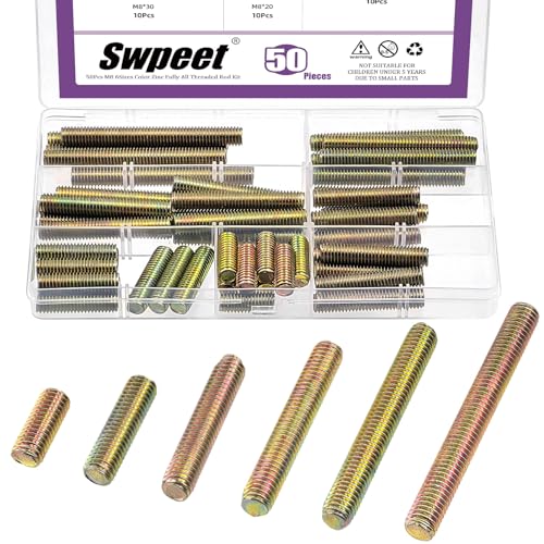 Swpeet 50Pcs 6 Sizes M8 x 20/30/ 40/50/ 60/ 70mm Galvanized Carbon Steel Fully Threaded Rod Assortment Kit, Threaded Rods Bar Studs for Furniture Machinery Assembly - style: M8