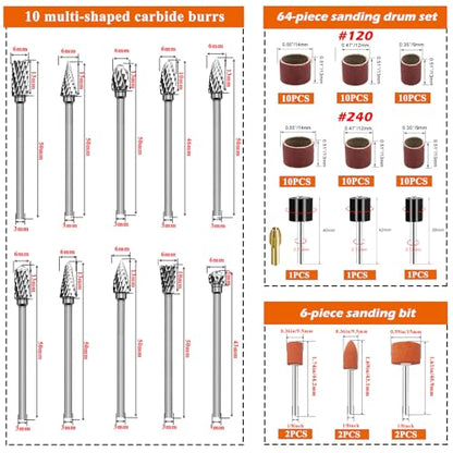 10PCS Tungsten Carbide Rotary Burr Set with 70PCS Sanding Drums, Rotary Tool Accessories, 1/8" Shank Double Cut Die Grinder Bits for Dremel, Wood Carving, Metal Engraving, Grinding & Polishing - color: 80PCS-5 STYLES