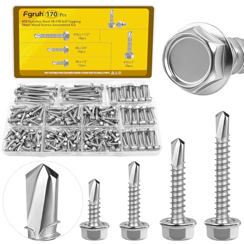 170Pcs #8#10 Hex Washer Head Self Tapping Sheet Metal Screws Kit - size: 170pcs #8#10 Silver