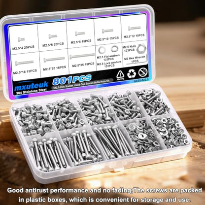 mxuteuk 801PCS M2.5 Screws Assortment Set,M2.5 x 4/6/8/10/12/16/20/25mm M2.5bolts，304 Stainless Steel Hex Socket Head Bolts Nuts Washers Set Suitable for 3D Printer,DIY - size: 801PCS M2.5