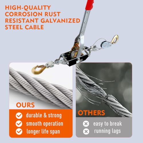 Come Along Winch 4400 lbs/2T Pulling Capacity, 6.6 ft Steel Cable,2 Hooks - size: 4400 lbs