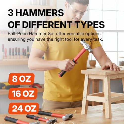 BLACK CANYON 3-Piece Ball Peen Hammer Set, 8 oz, 16 oz & 24 oz Dual-Head High Carbon Steel Hammers with Fiberglass Handles, Non-Slip Grips for Metalworking, Automotive Repair, Riveting & DIY - size: 8oz&16oz &24 oz
