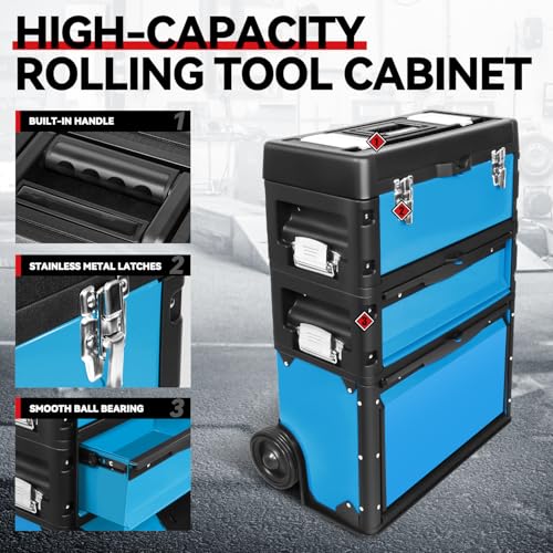 Auto Dynasty 3-Tier Rolling Trolley Tool Box Stackable w/Wheels, 19.5" Blue - color: Blue