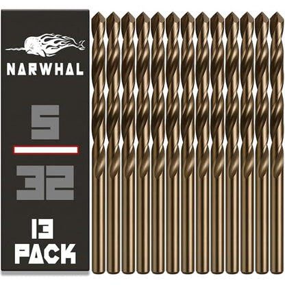 Narwhal 5/32 Inch Cobalt Drill Bits (13 Pack - Industrial Grade M35 Cobalt) 3" Length & 135 Degree Split Point for Drilling Into Metal, Hardened & Stainless Steel, Cast Iron, & More! - size: 5/32 in
