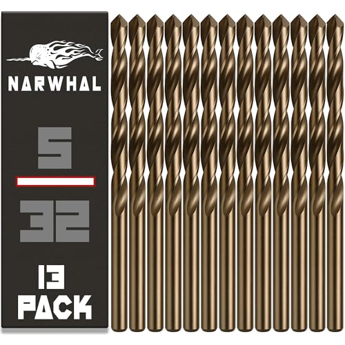 Narwhal 5/32 Inch Cobalt Drill Bits (13 Pack - Industrial Grade M35 Cobalt) 3" Length & 135 Degree Split Point for Drilling Into Metal, Hardened & Stainless Steel, Cast Iron, & More! - size: 5/32 in
