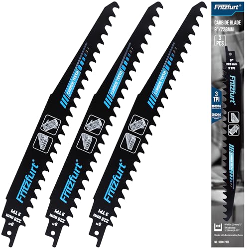 9-Inch (228mm) 3TPI Carbide Teeth Reciprocating Saw Blade Set (3-Pack) for Wood, Tree Trimming & Demolition | Universal 1/2" Shank for All Major Reciprocating Saws - size: 3pcs 9" 3TPI