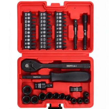 1/4" Mini Socket Ratchet Wrench Set 48PCS, Metric Shallow Socket (4-14mm), with 72 Teeth Ratchet Wrench, Screwdriver Bit Set, 3" Extension Bar and Impact Universal Joint, Storage Box - color: 1/4-48pcs