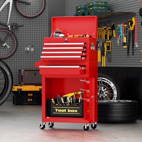 Crownland 5-Drawer Rolling Tool Chest with Wheels, Red - color: Red, style: 5-Drawer Rolling Tool Chest