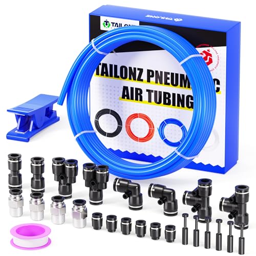 TAILONZ PNEUMATIC Blue 3/8 Inch OD 16 Meter 50ft PU Polyurethane Air Tubing Kit Pipe Hose Air Line Tubing Air Hose Fittings Push to Connect Fittings(27PCS) - color: Blue, size: 3/8" OD - 50 FT