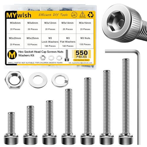 Mywish 550 Pcs M3 Screw Nuts and Bolts Assortment Kit, 304 Stainless Steel Hex Socket Head Cap Metric Screws Bolts, Spring & Flat Lock Washers/Hex Nuts/Wrenches, DIN912 M3*6/8/12/14/16/20/25 - size: M3 x 6/8/12/14/16/20/25mm