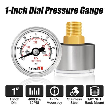 0-60Psi/400Kpa Pressure Gauge, 1 Inch Dial, 1/8" NPT Back Mount, Mini Air Pressure Gauge, 304 Stainless Steel Case, for Water Pumps, Air Compressors Pressure Test - size: 0-60 PSI, style: Back Mount