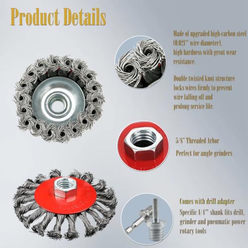 4Pcs Wire Wheel Brush for Rust,Paint,Metal Removal, 4" Flat Knotted Twist Carbon Steel Brush & 3" Knotted Wire Cup Brush,Fits 5/8"-11 UNC Arbor(with 2 Pcs 1/4" Shank Drill Adapter) - style: 4" Flat Knotted Wire Wheel & 3" Knotted Wire Cup Brush